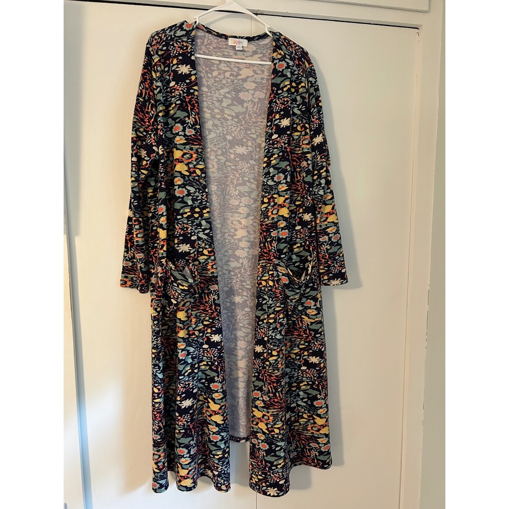 LuLaRoe Sarah Duster Cardigan XL Navy Blue Floral Long Sleeve Open Front Pockets